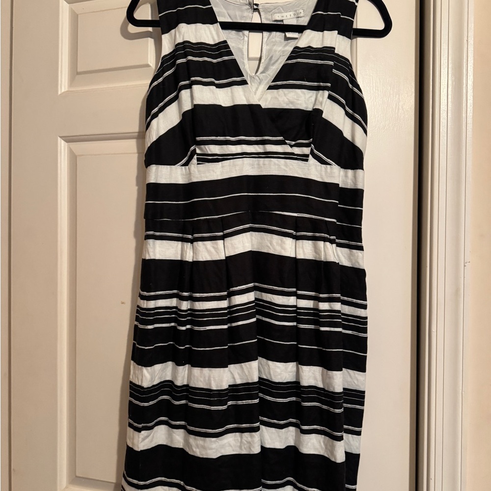 Tweeds Black and White Striped Midi Dress Linen